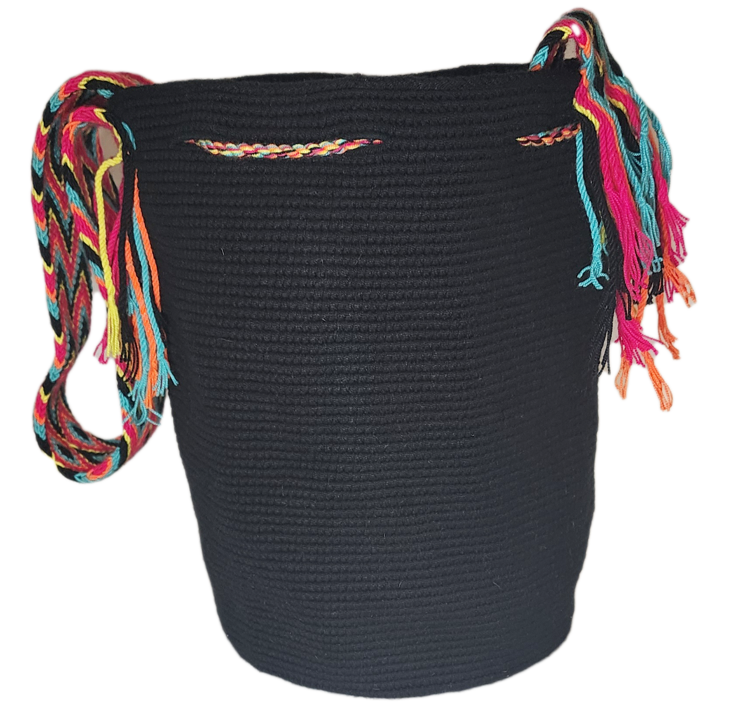 Artisan-crafted bohemian crochet bag with black body and bold multicolored accents. Lightweight, vegan, and culturally meaningful.