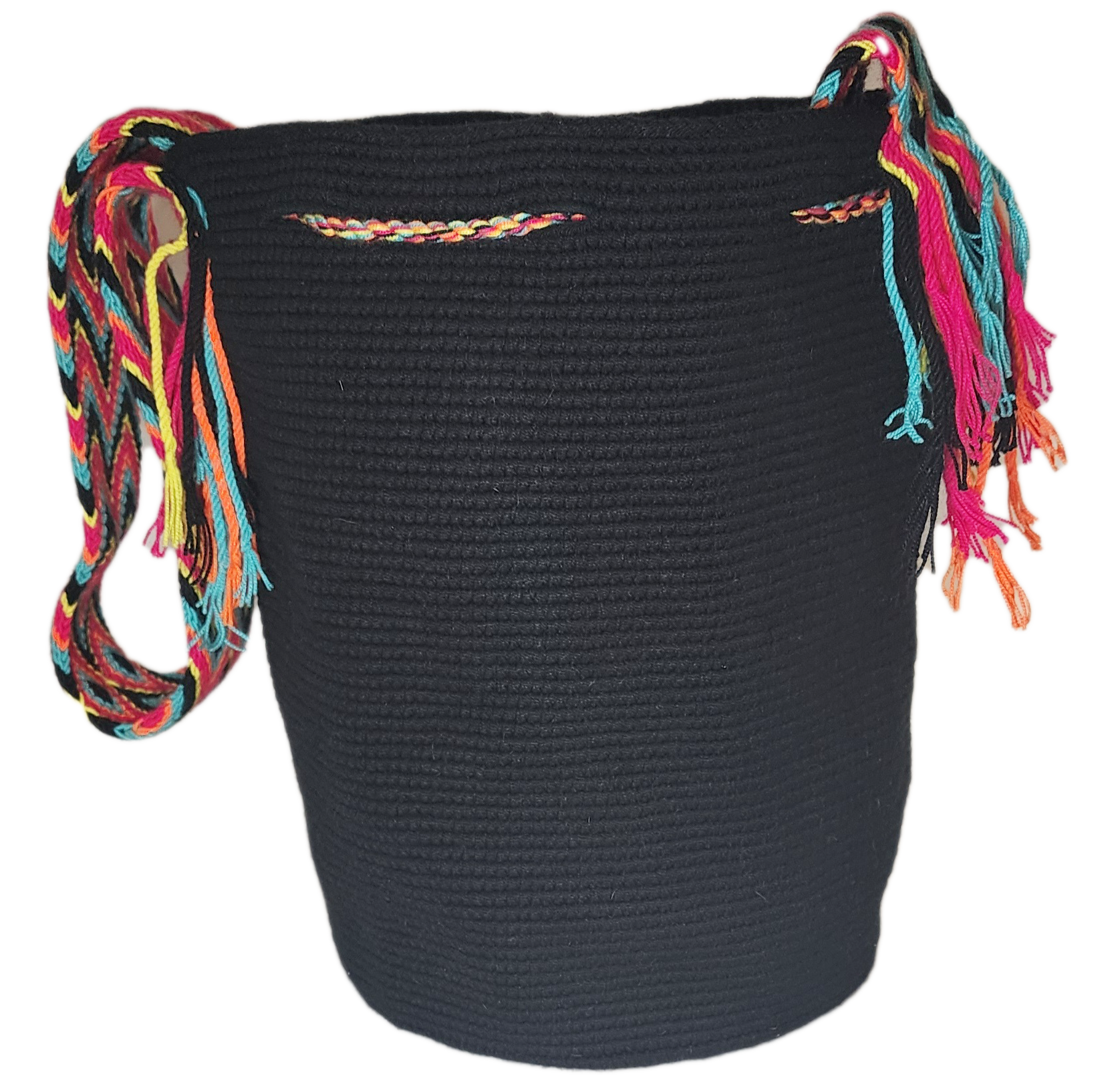 Bottom view Artisan-crafted bohemian crochet bag with black body and bold multicolored accents. Lightweight, vegan, and culturally meaningful.