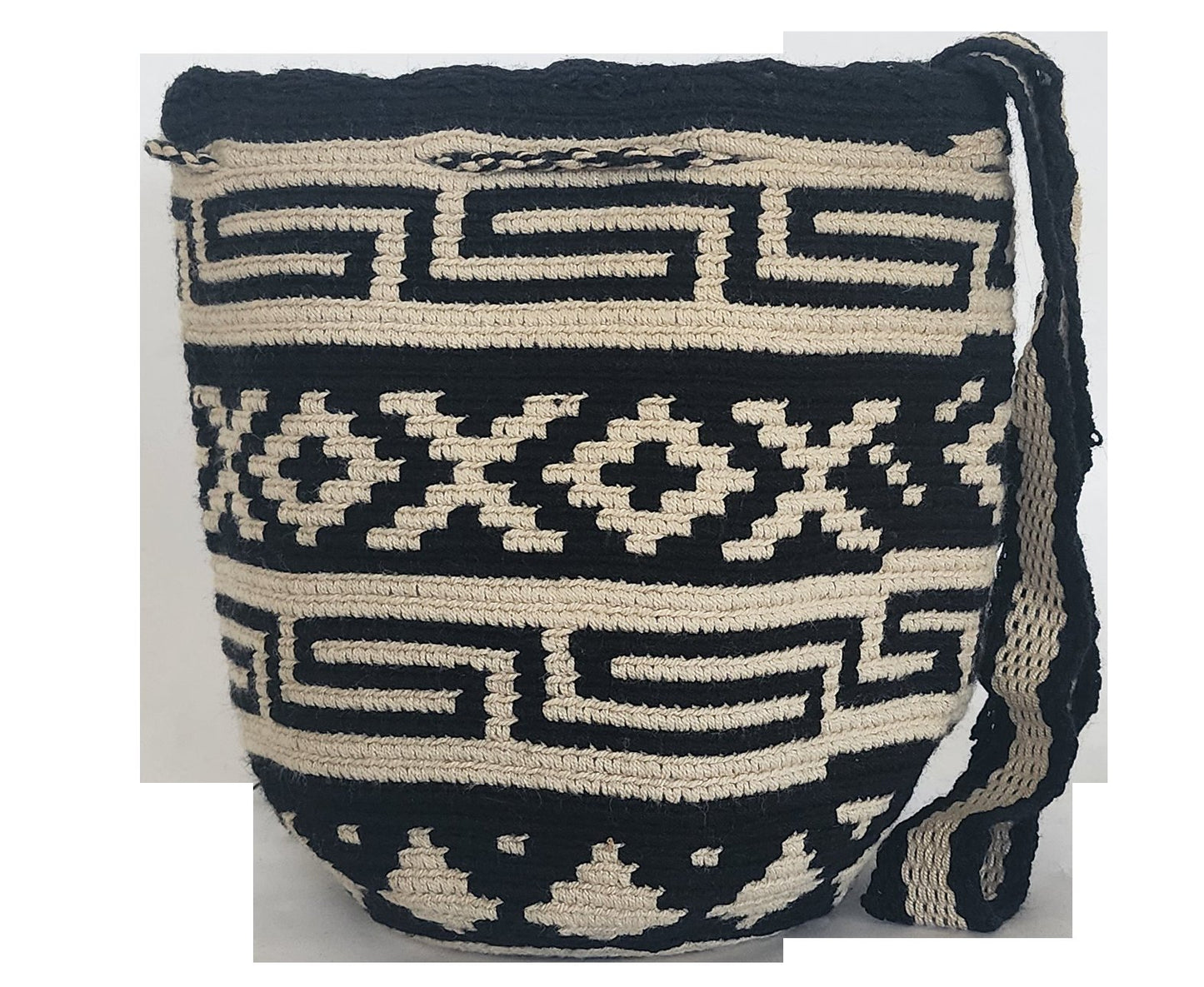 Monochrome boho crochet Wayuu bag with tribal design