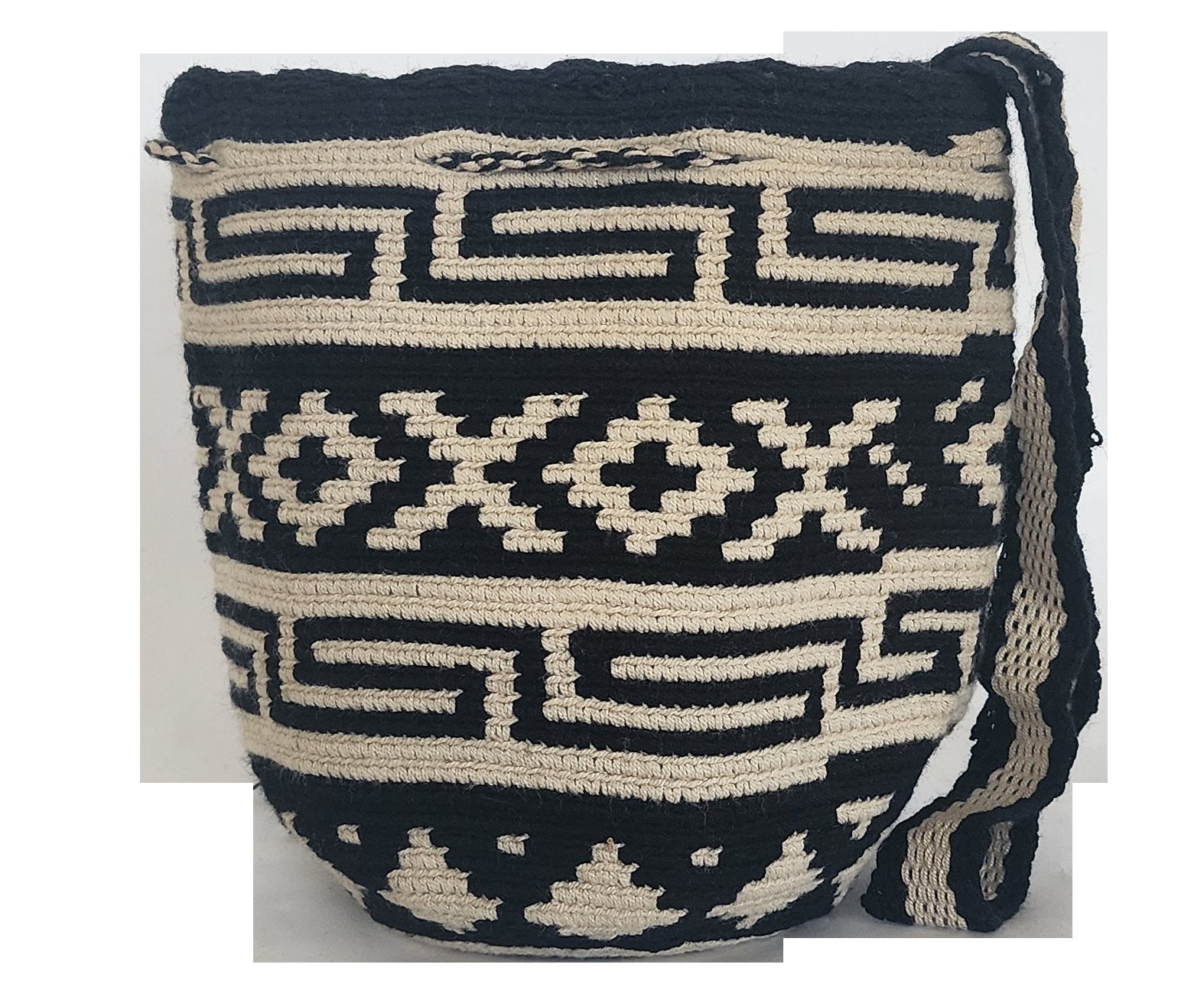 Bottom view Monochrome boho crochet Wayuu bag with tribal design