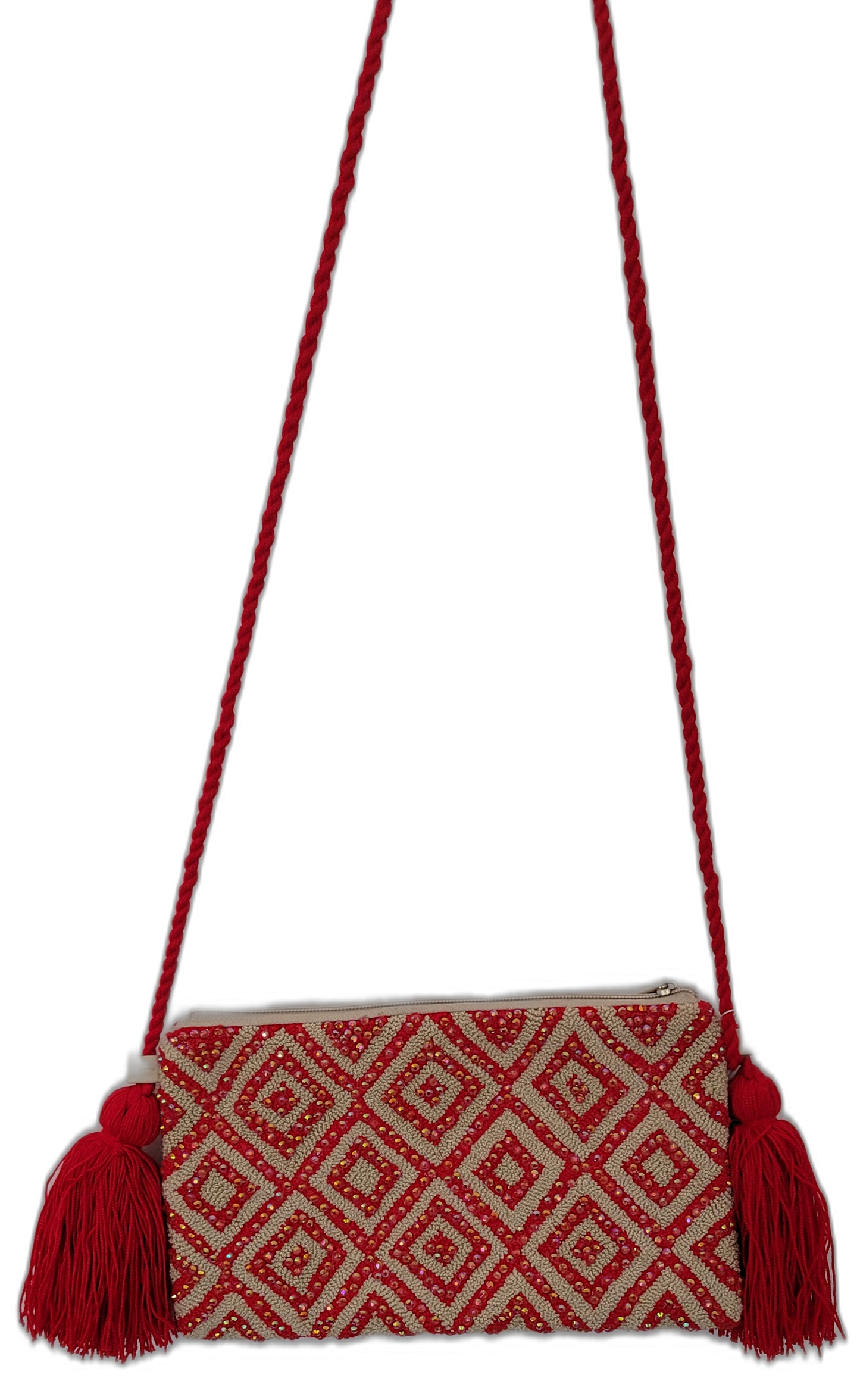 Bohemian crochet clutch featuring red diamond shapes on beige, named Naya


