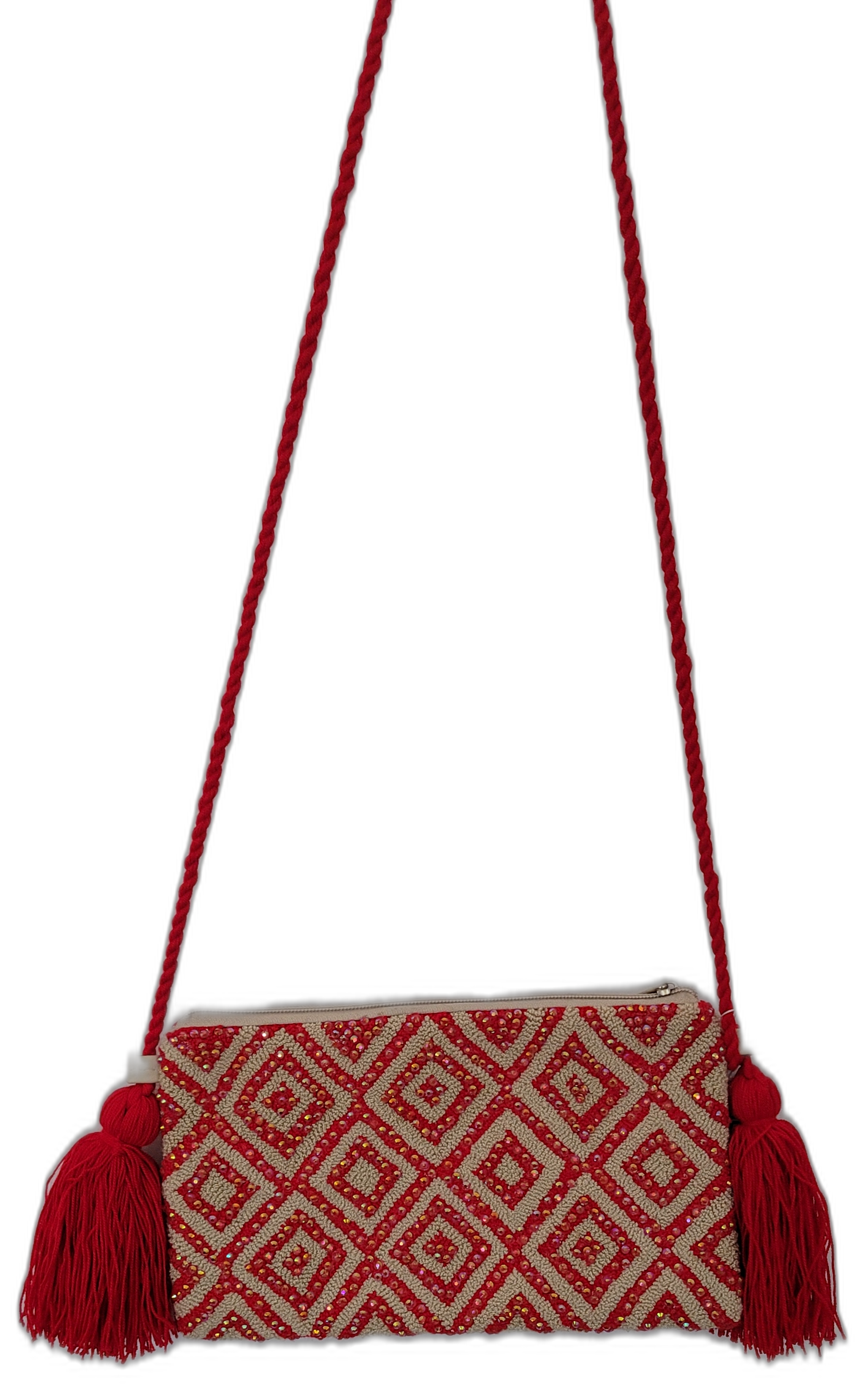 1 Bohemian crochet clutch featuring red diamond shapes on beige, named Naya

