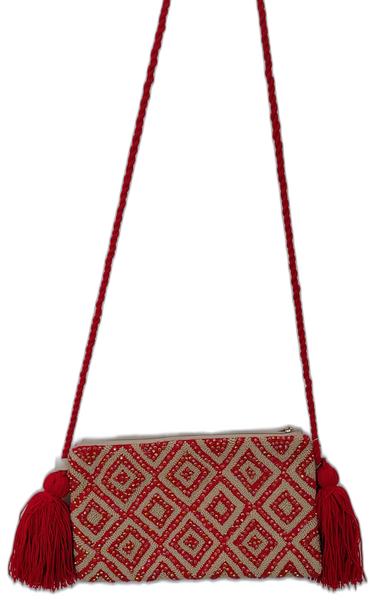 Bohemian crochet clutch featuring red diamond shapes on beige, named Naya

