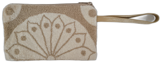 Boho crochet clutch with natural and cream geometric design, fully lined interior