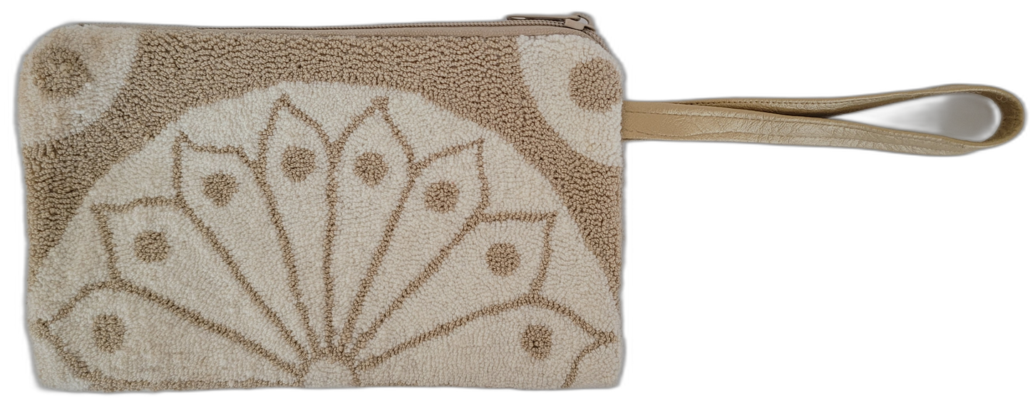 Boho crochet clutch with natural and cream geometric design, fully lined interior

