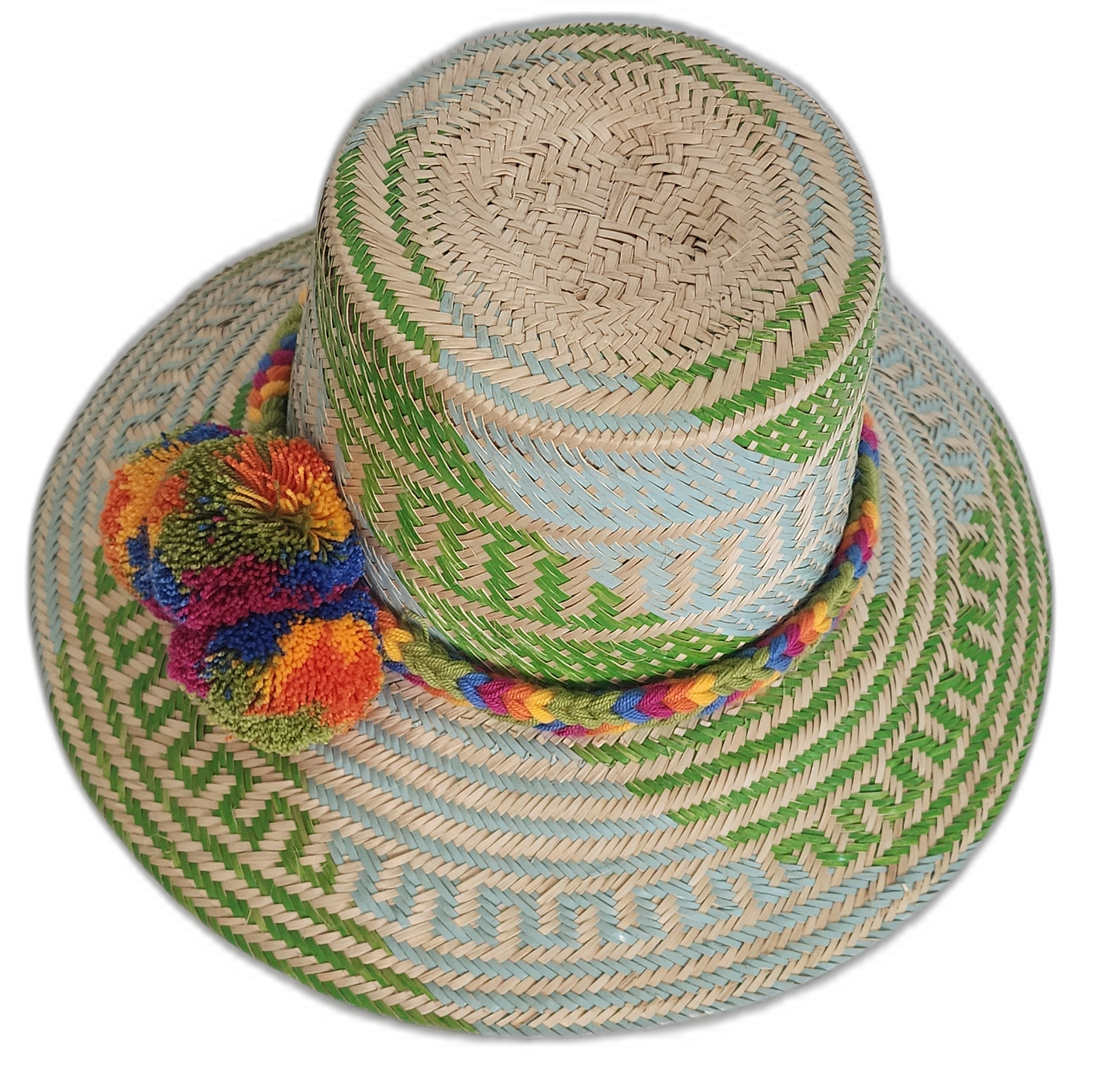 Boho Chick hat with braided band and vibrant multicolor pompom set