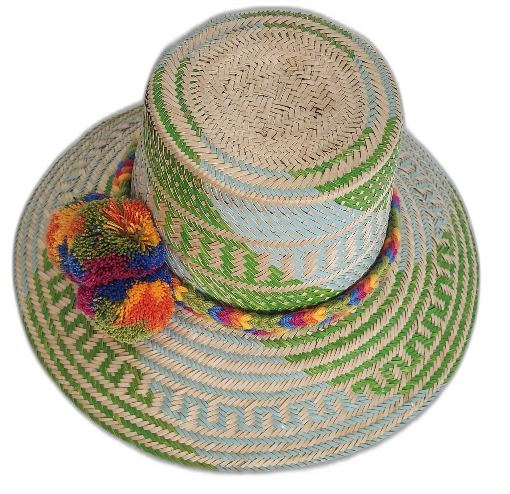 Boho Chick hat with braided band and vibrant multicolor pompom set