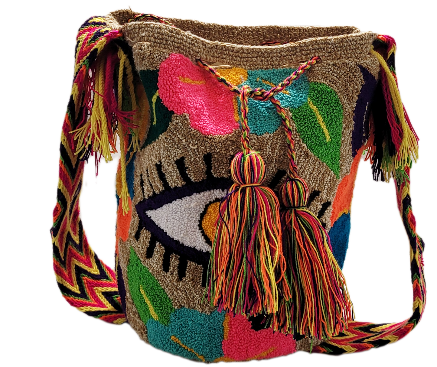 Bohemian-style colorful crochet tote, handmade by Wayuu artisans