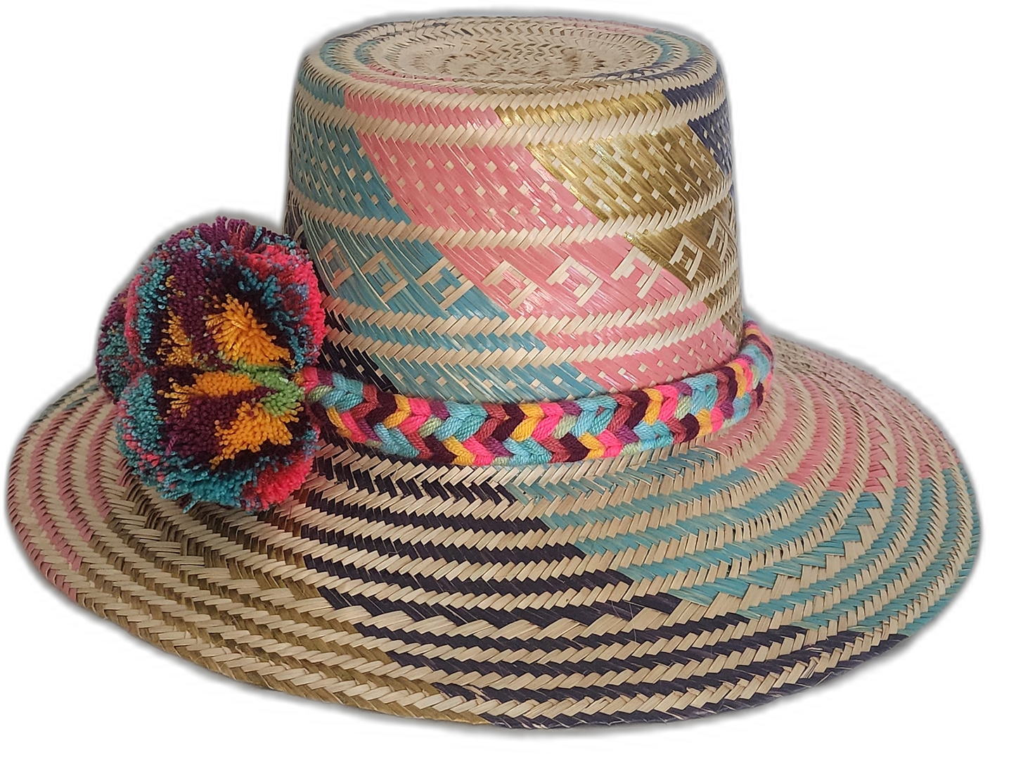 Boho chick straw hat featuring multicolor weave and pompoms