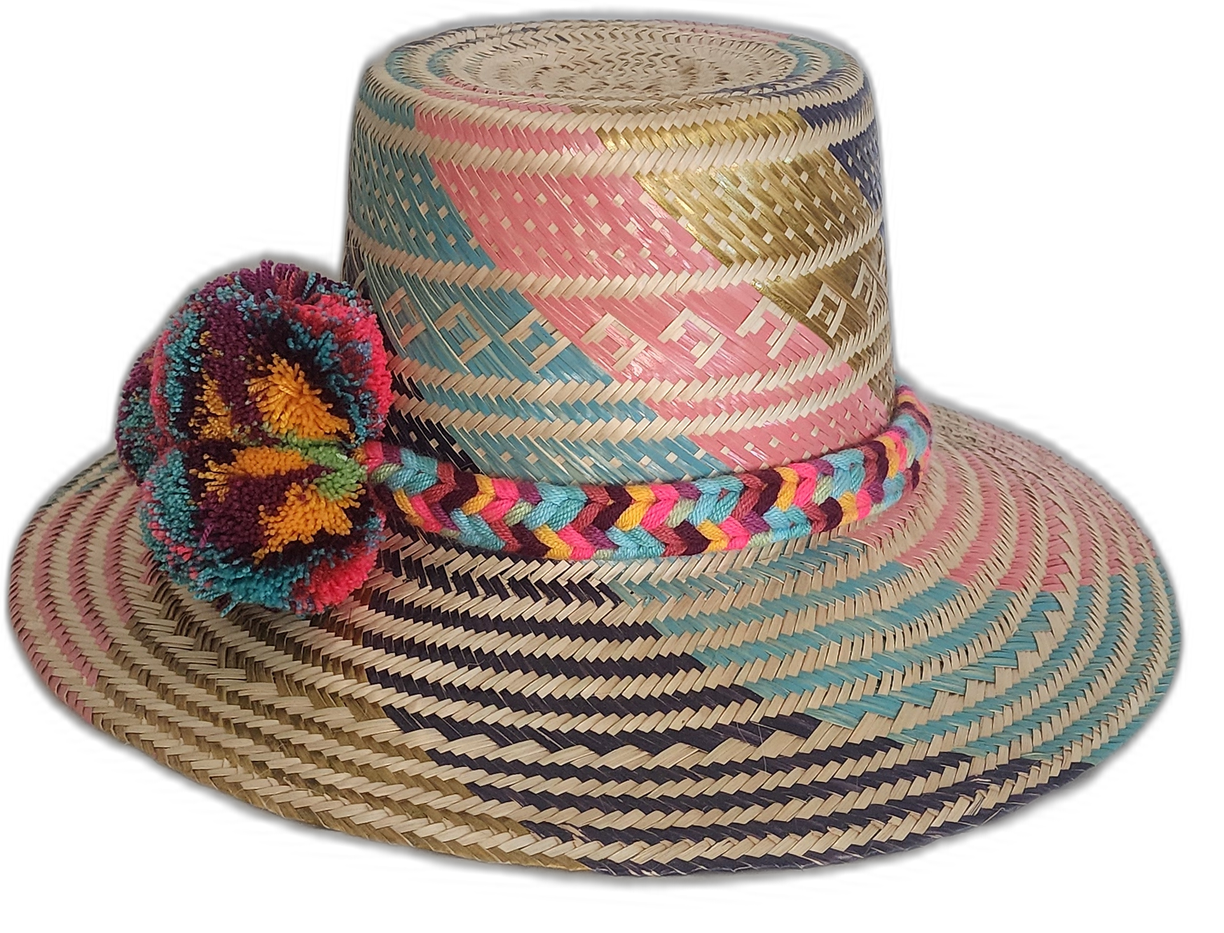 Boho chick straw hat featuring multicolor weave and pompoms