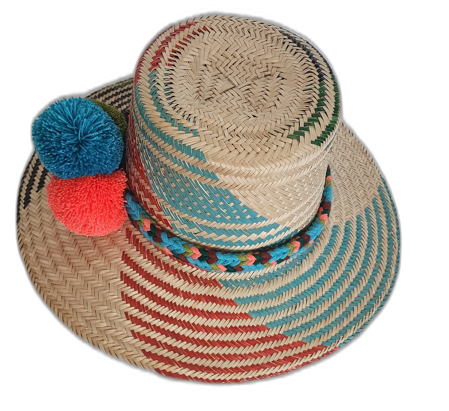 Artisan Wayuu hat in natural palm with multicolor accents and pompoms

