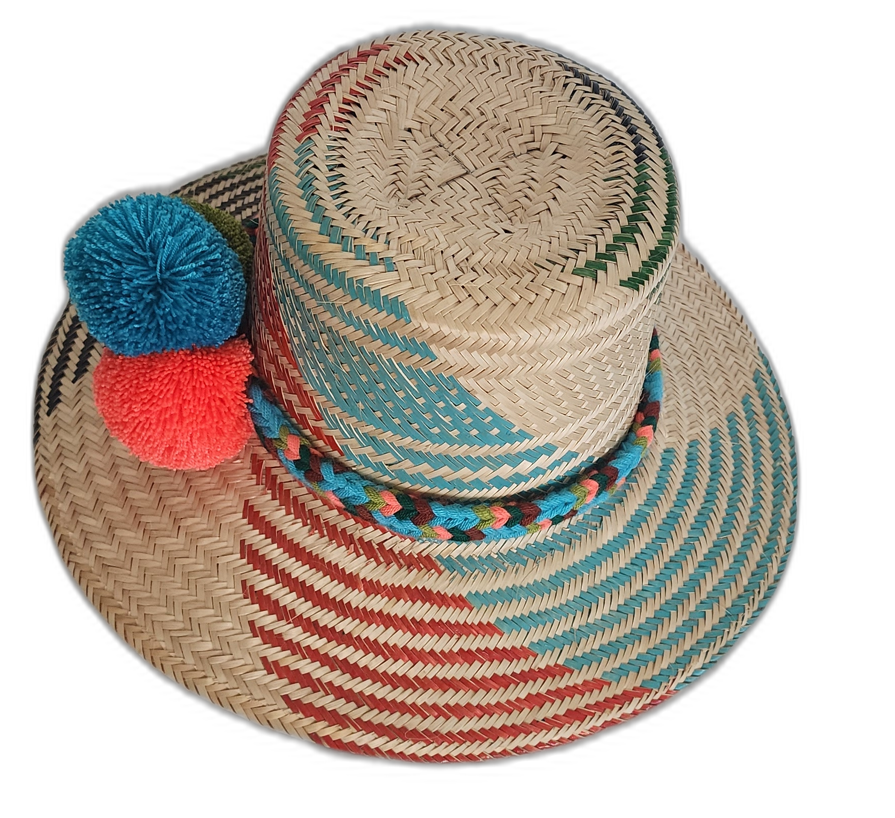 Artisan Wayuu hat in natural palm with multicolor accents and pompoms

