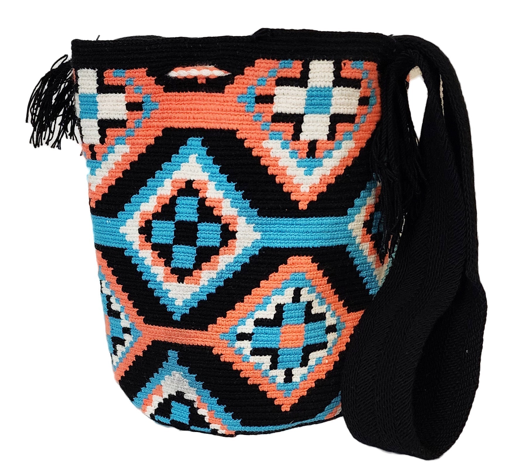 Bottom view Large boho chick crochet bag with black, coral, turquoise tones, artisan crossbody strap, striking geometric design, and oversized tassels.