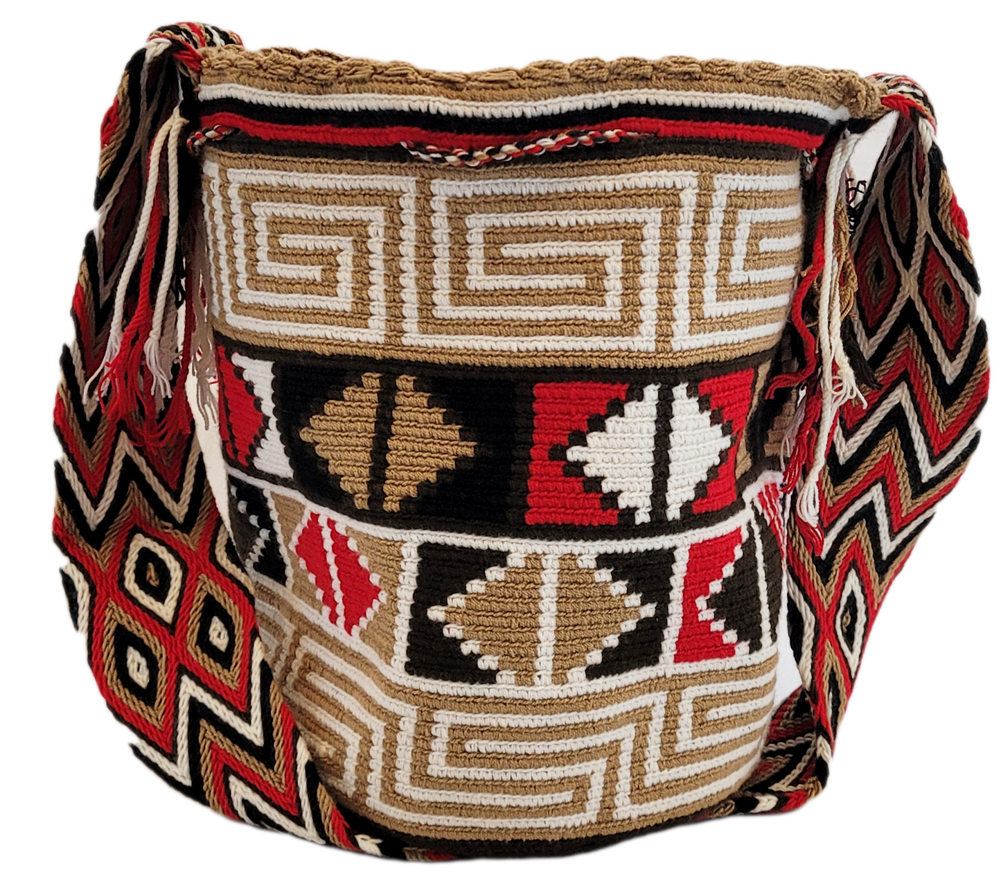 Large boho chick crochet bag in black, red, tan tones, artisan crossbody strap, striking geometric design, and playful multicolor tassels.