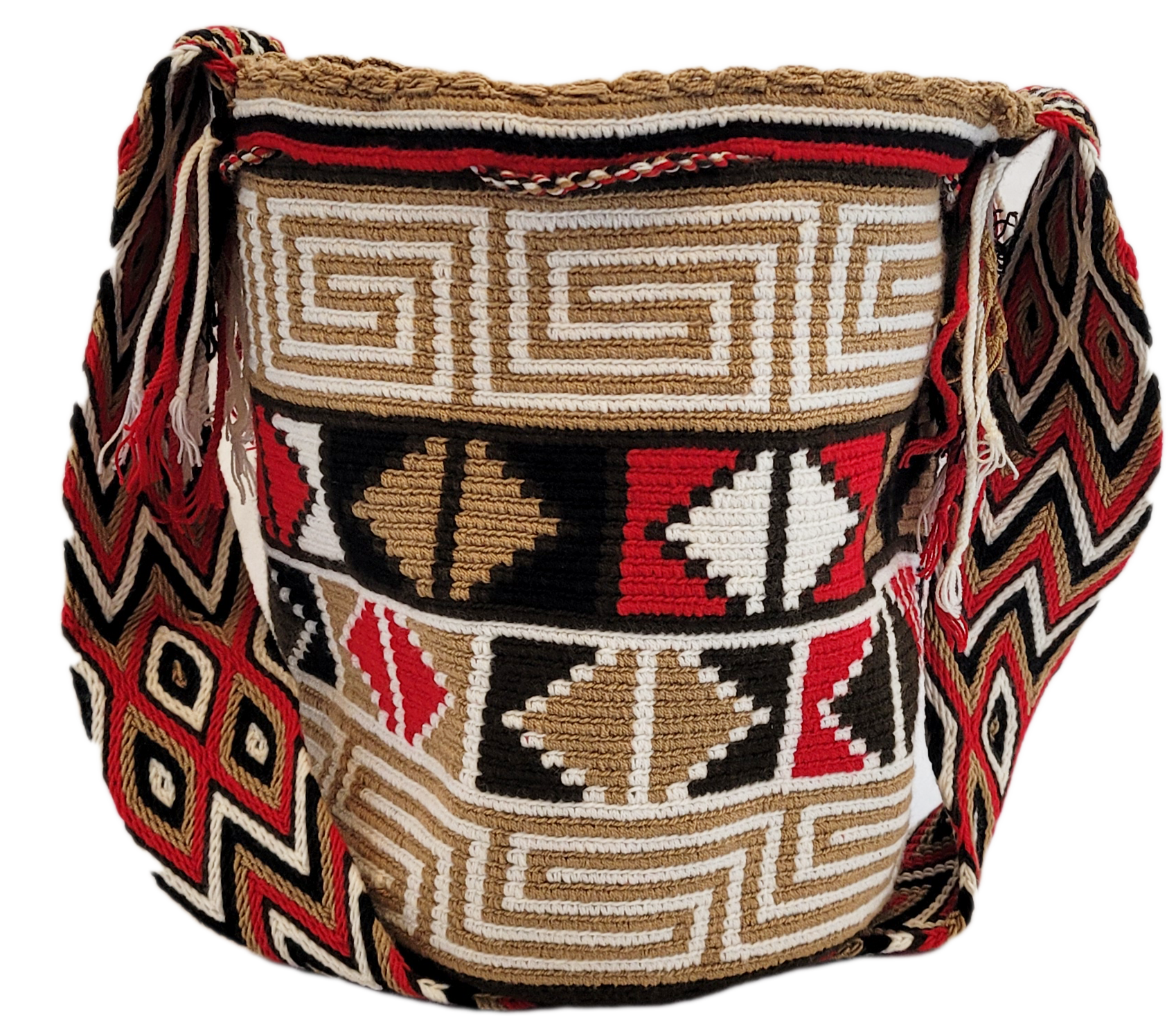 Bottom view Large boho chick crochet bag in black, red, tan tones, artisan crossbody strap, striking geometric design, and playful multicolor tassels.