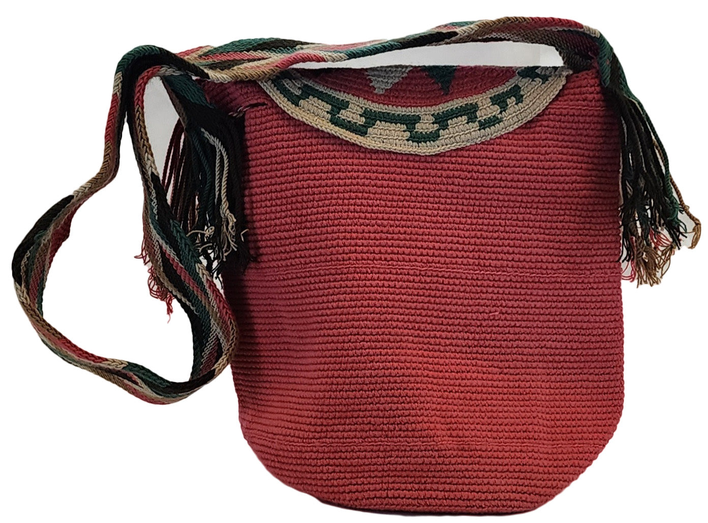Bottom view Large boho chick crochet bag in coral with floral lid, artisan crossbody strap, functional closure, and playful multicolor tassels.