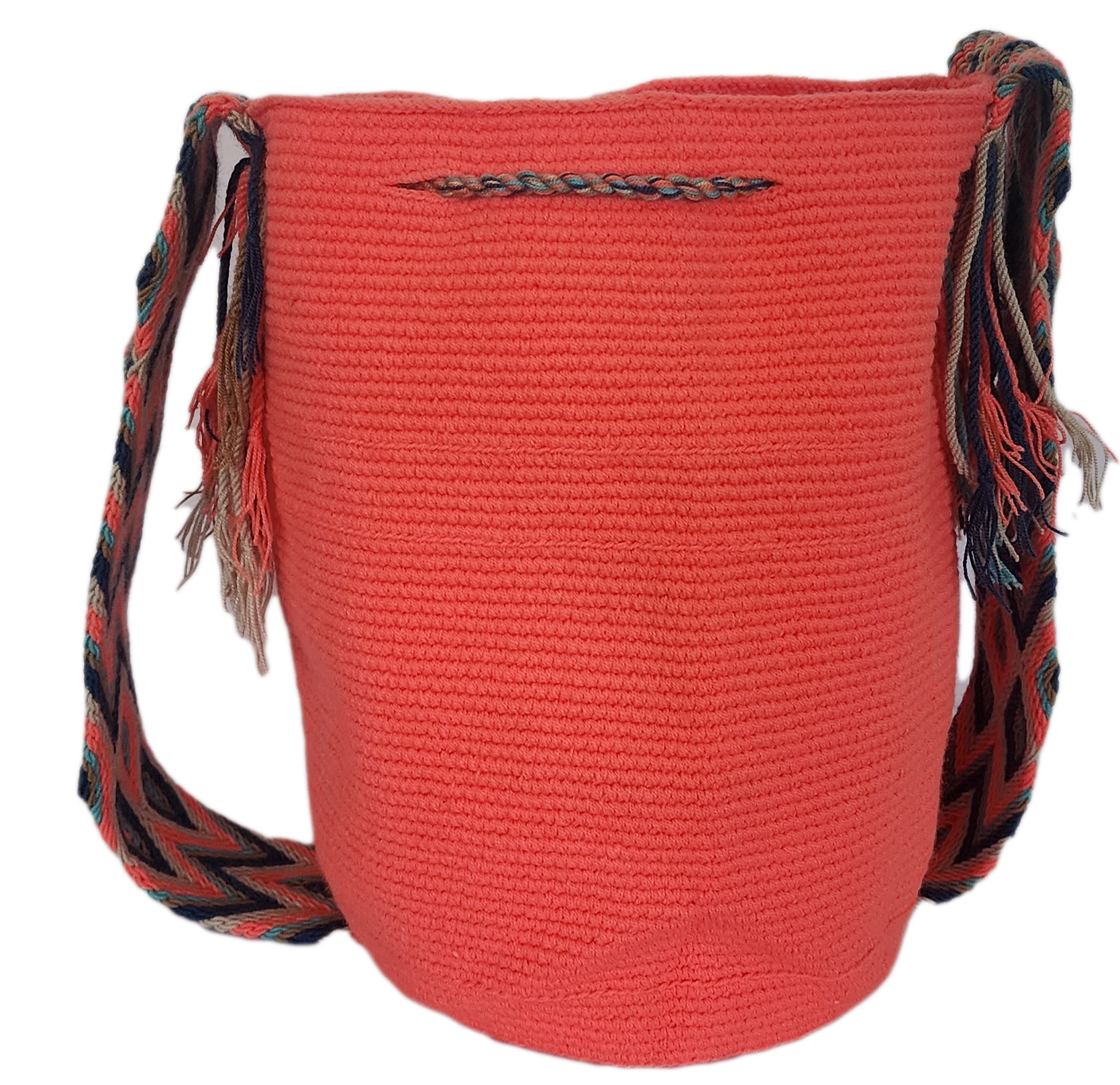 Bottom view Large boho chick crochet bag with coral base, artisan crossbody strap in red, blue, black, white, and dynamic oversized tassels.