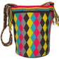 Large boho chick crochet bag with neon diamond tones, artisan-crafted crossbody strap, bold geometric design, and oversized tassels.