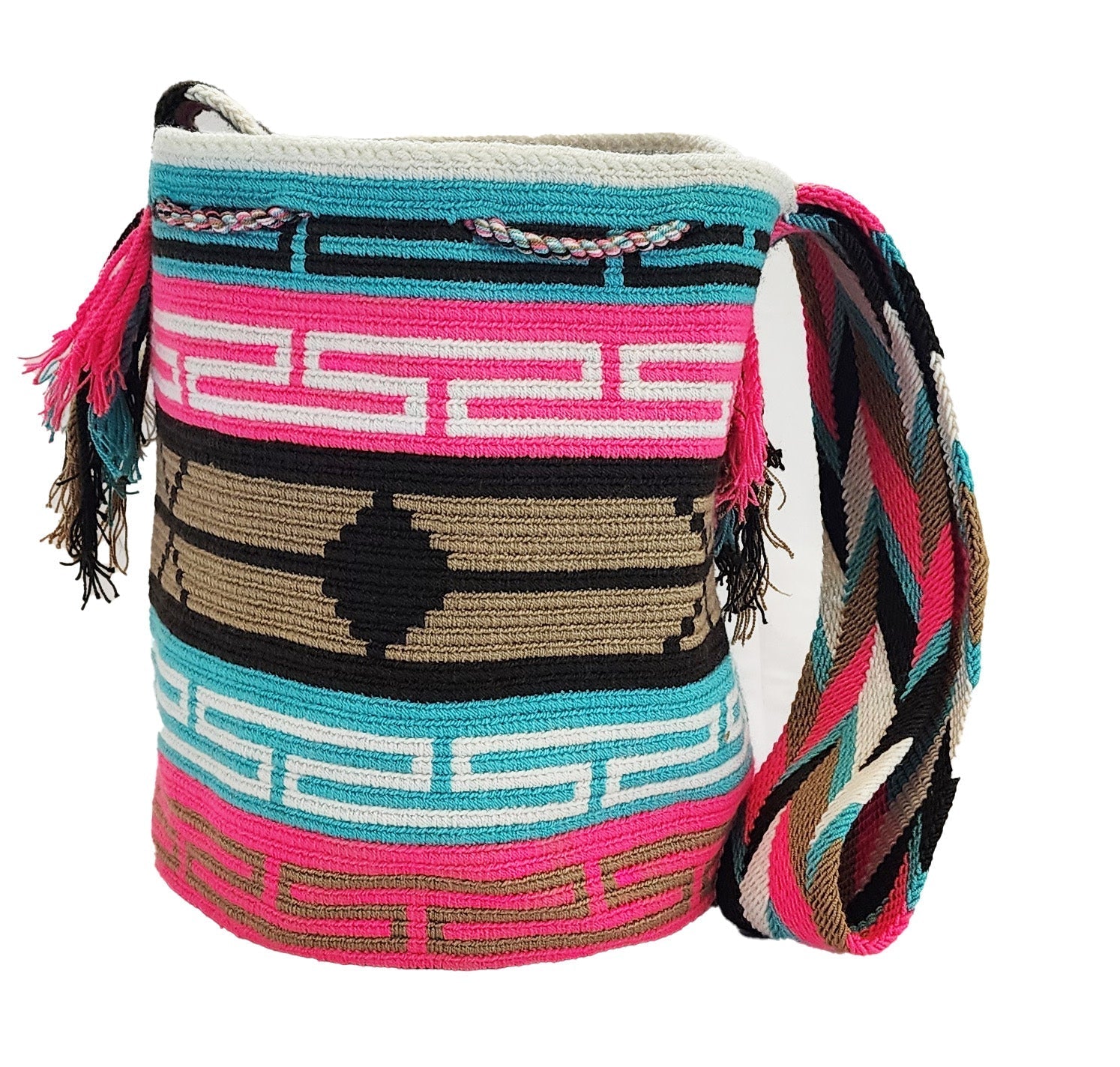 Bottom view Large boho chick crochet bag with vivid pink and turquoise tones, artisan crossbody strap, and striking multicolor tassels.