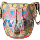 Bohemian chick crochet bag with artisan crystal accents and multicolor zigzag patterns.