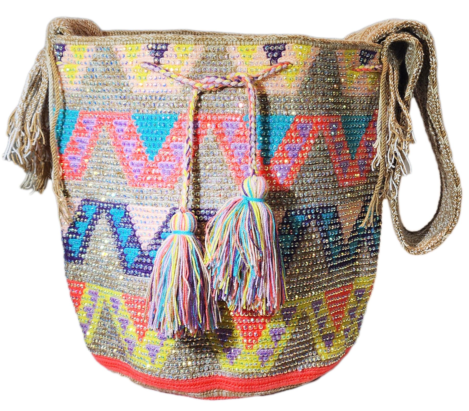 Bohemian chick crochet bag with artisan crystal accents and multicolor zigzag patterns.