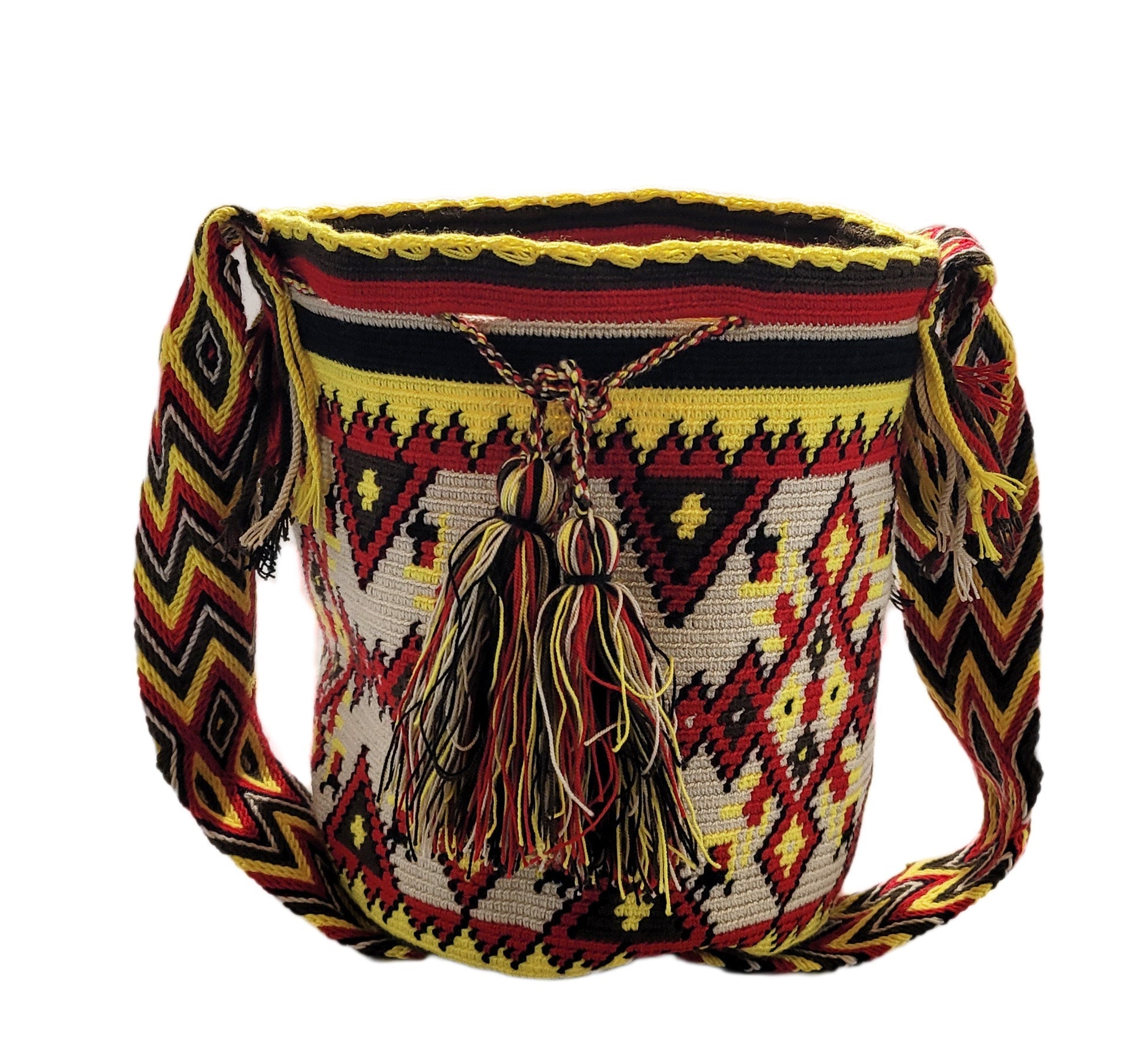 Boho crossbody bag with bold Wayuu motifs and intricate colorwork. Crafted by Wayuu women using traditional crochet techniques.
