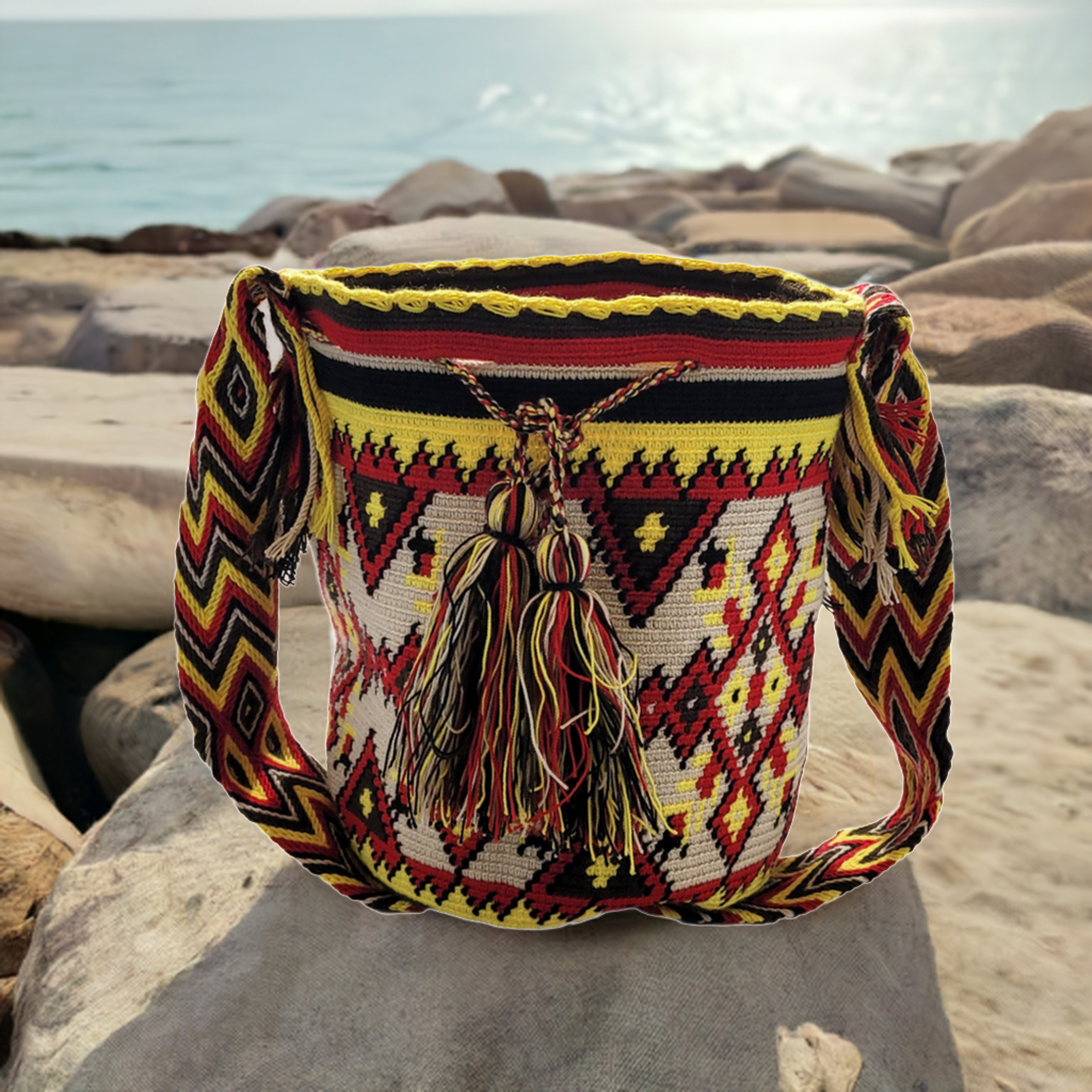 Bottom view Wayuu mochila bag with vibrant zigzag and diamond patterns. Spacious, stylish, and culturally rich—perfect for everyday or travel.