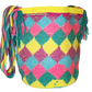 Bohemian crochet bag with diamond shapes, colorful strap, and artisan details.