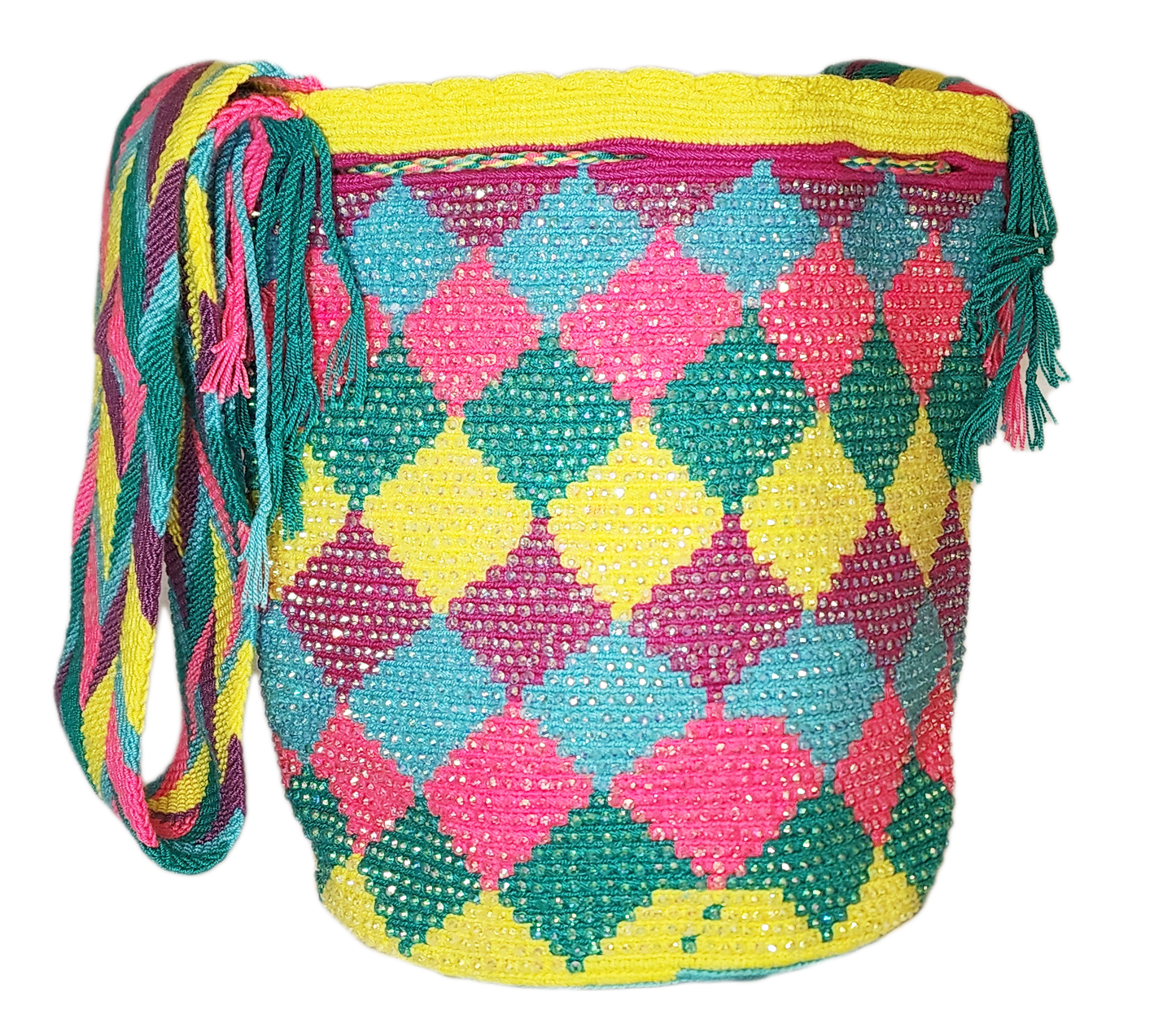 Bohemian crochet bag with diamond shapes, colorful strap, and artisan details.