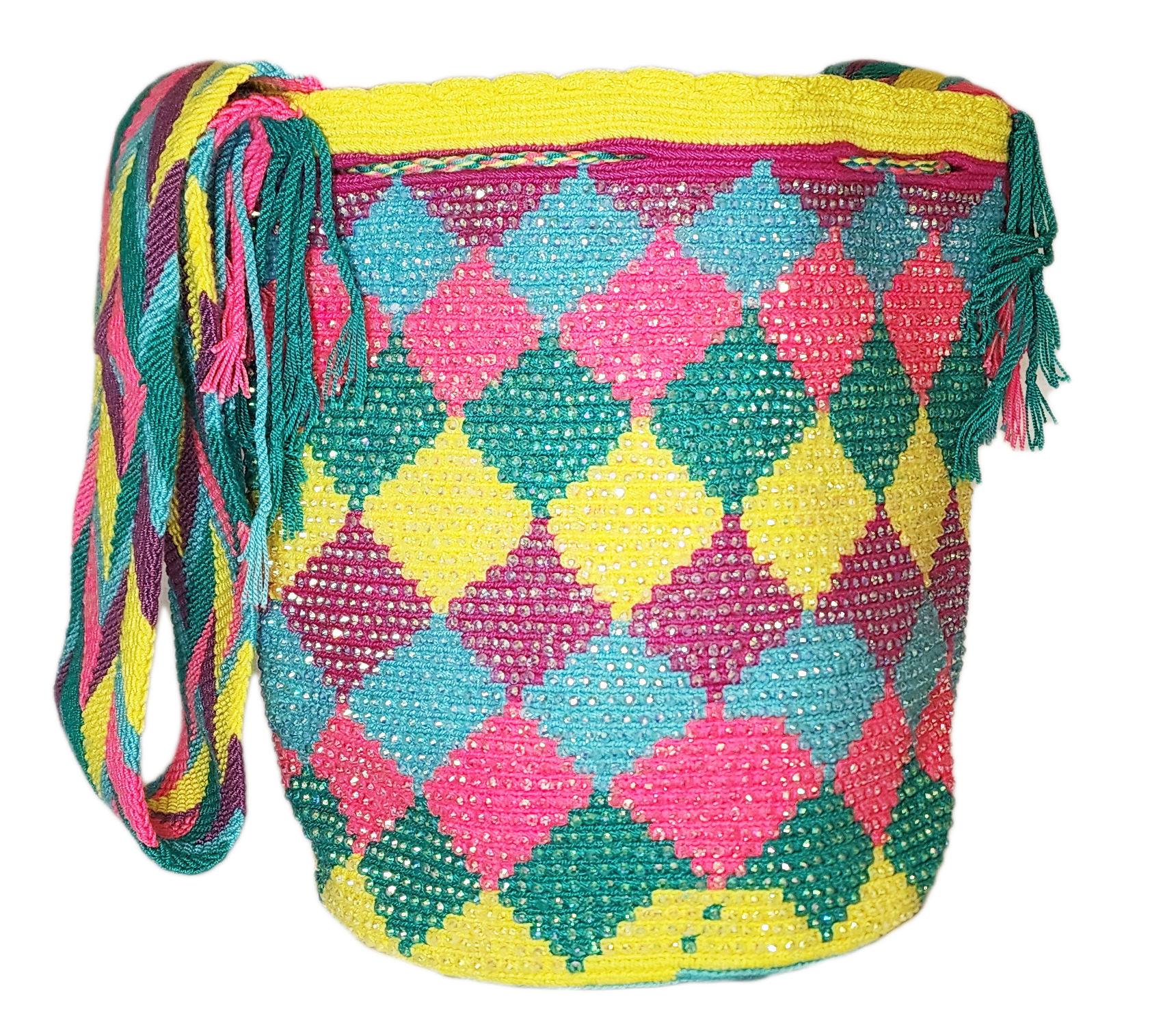 Bottom view Bohemian crochet bag with diamond shapes, colorful strap, and artisan details.