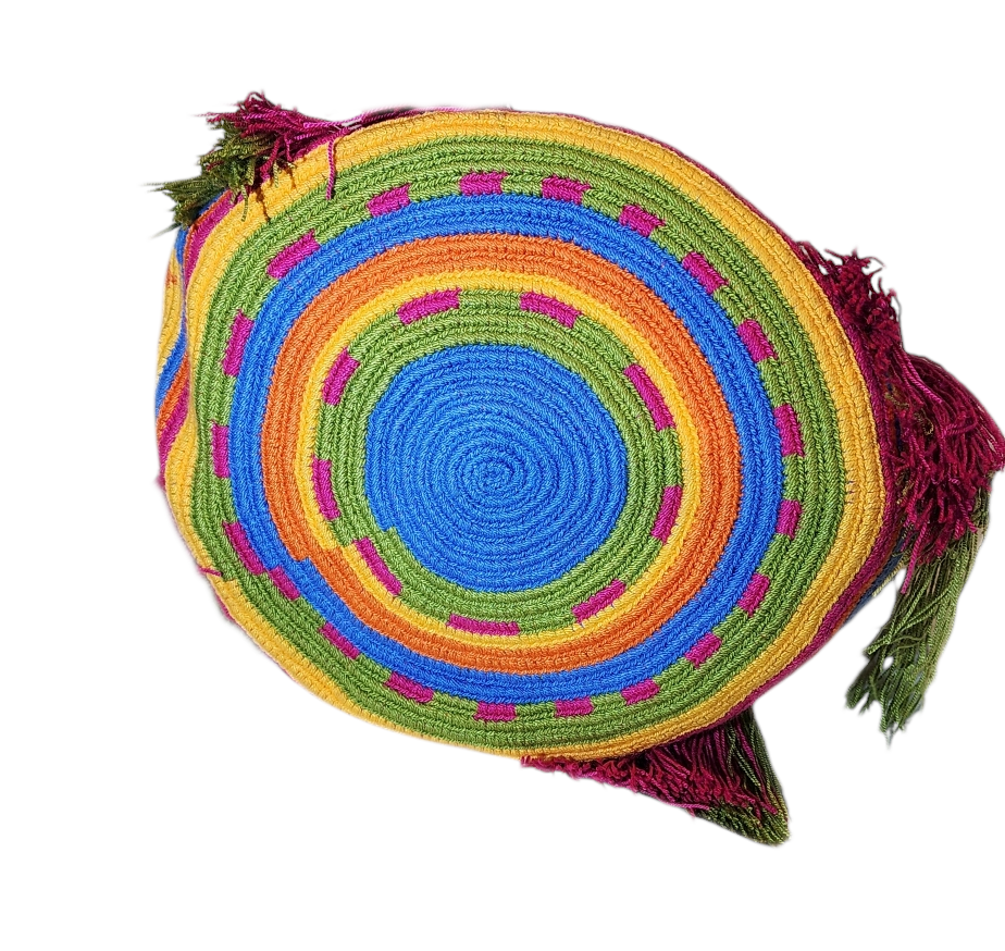 Bottom view Large boho chick crochet handbag in rainbow colors, artisan waterfall pattern, sturdy braided handles, and dramatic tassel accents.