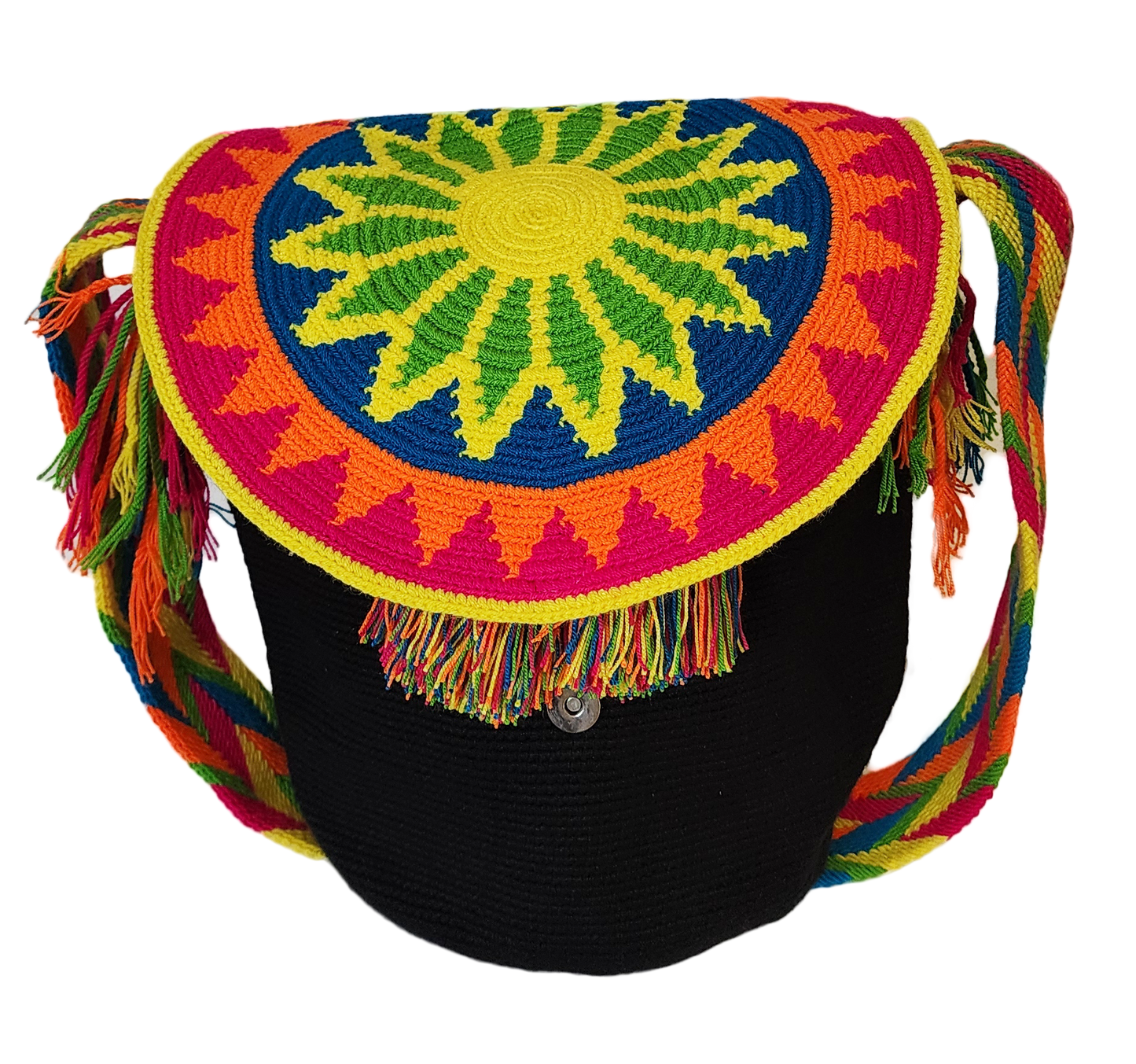 Handmade boho chick Wayuu bag featuring bright crochet patterns and a lid