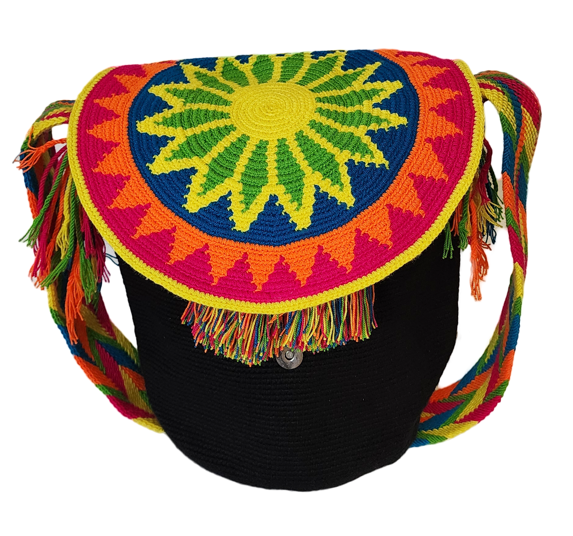 Handmade boho chick Wayuu bag featuring bright crochet patterns and a lid