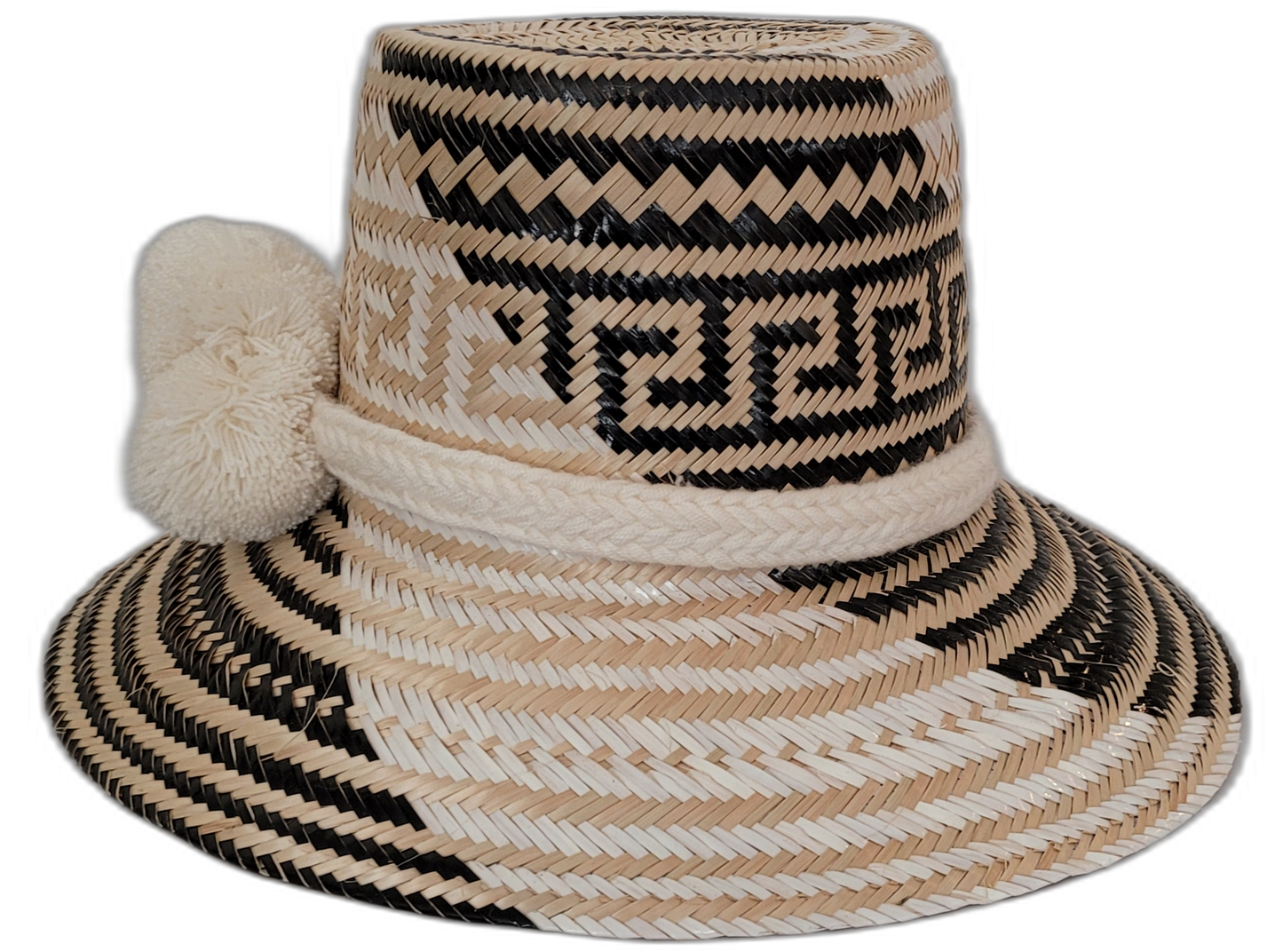 Boho chic straw hat named Elisa featuring white pompoms and Wayuu artisan craftsmanship

