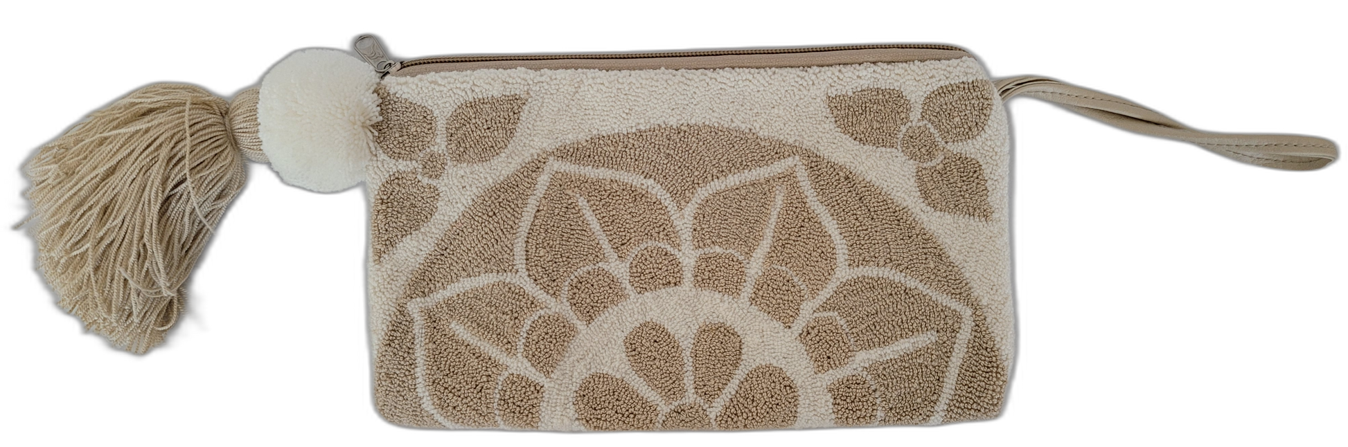 1 Bohemian crochet clutch in soft neutrals with tan and white flower design


