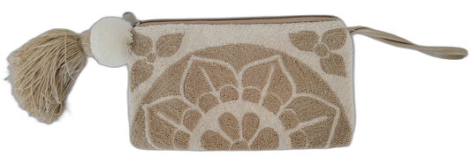 Bohemian crochet clutch in soft neutrals with tan and white flower design

