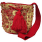 Boho chick crochet bag featuring ornate gold floral patterns and rich texture.