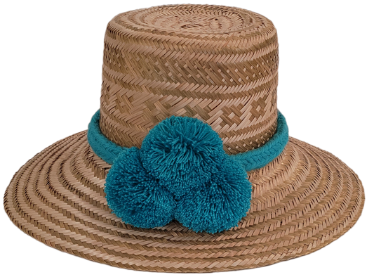 Handmade straw hat with turquoise pompoms and chevron weave