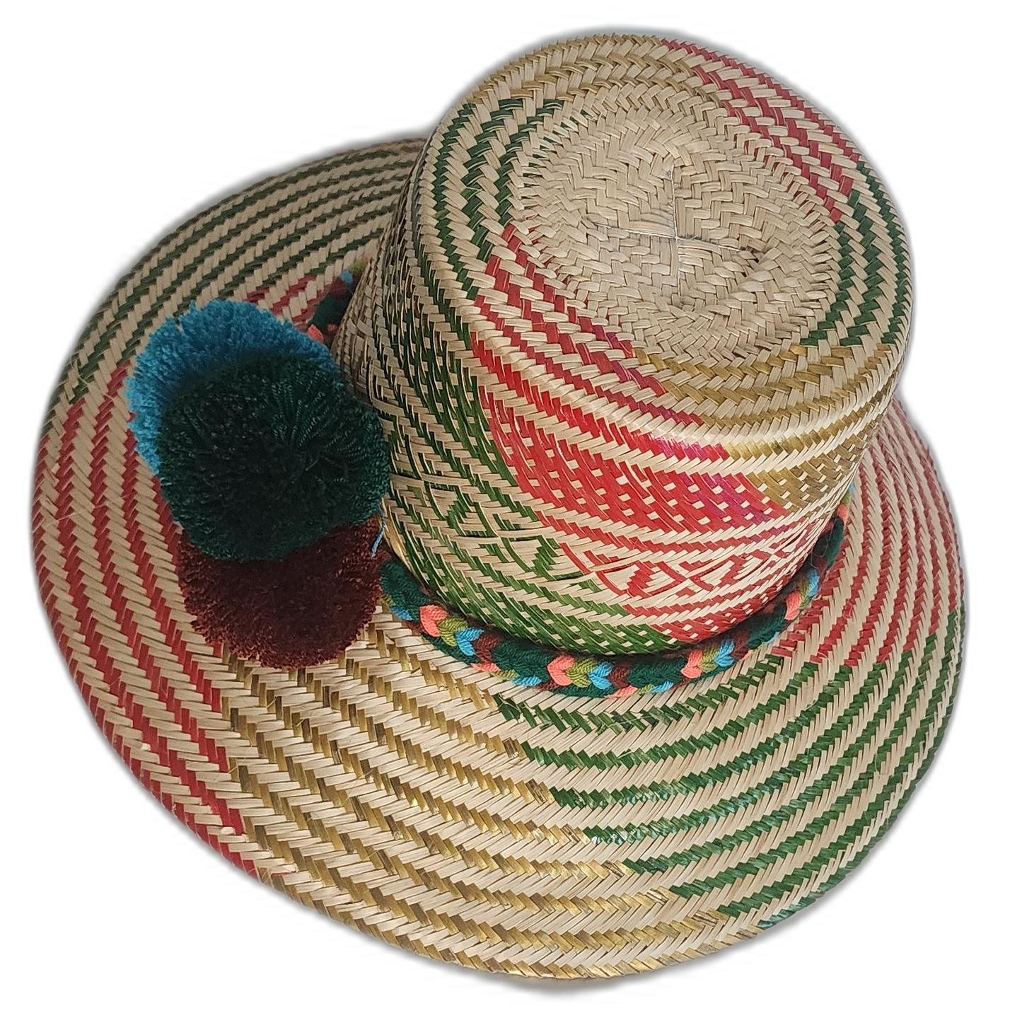 Boho chick straw hat crafted by Wayuu artisans, featuring vibrant red and green chevron accents and dark pompoms.