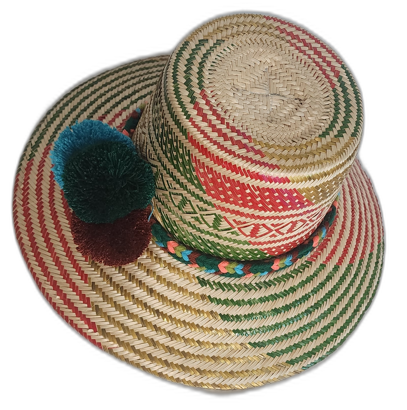 Boho chick straw hat crafted by Wayuu artisans, featuring vibrant red and green chevron accents and dark pompoms.