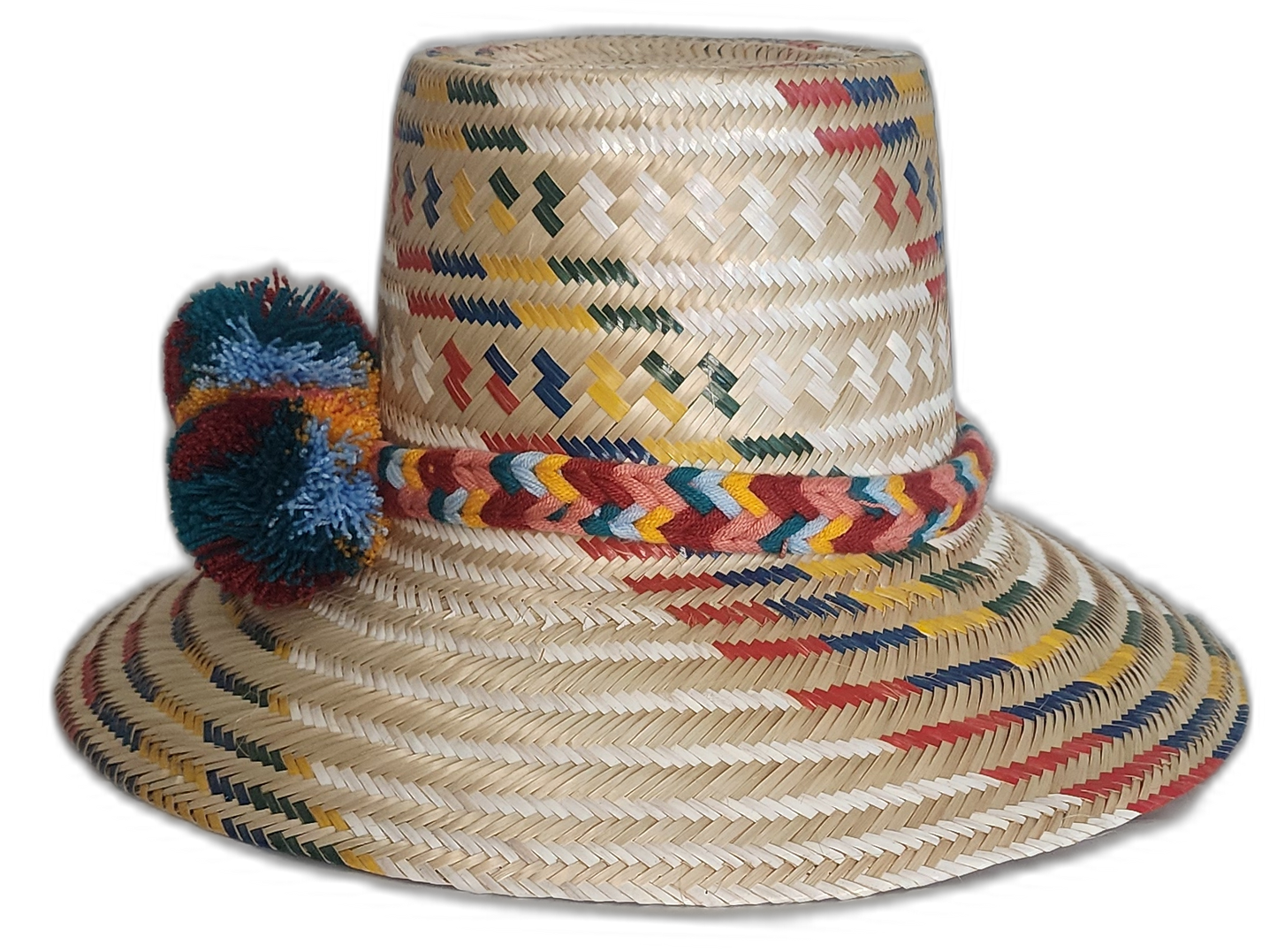 Boho chick straw hat with artisan earth-tone patterns and braided band, featuring colorful pompoms.

