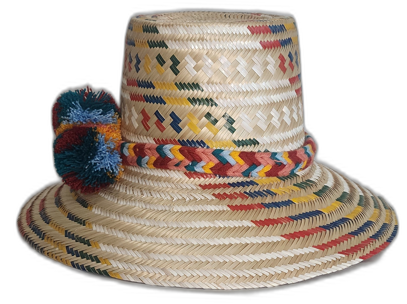 Boho chick straw hat with artisan earth-tone patterns and braided band, featuring colorful pompoms.

