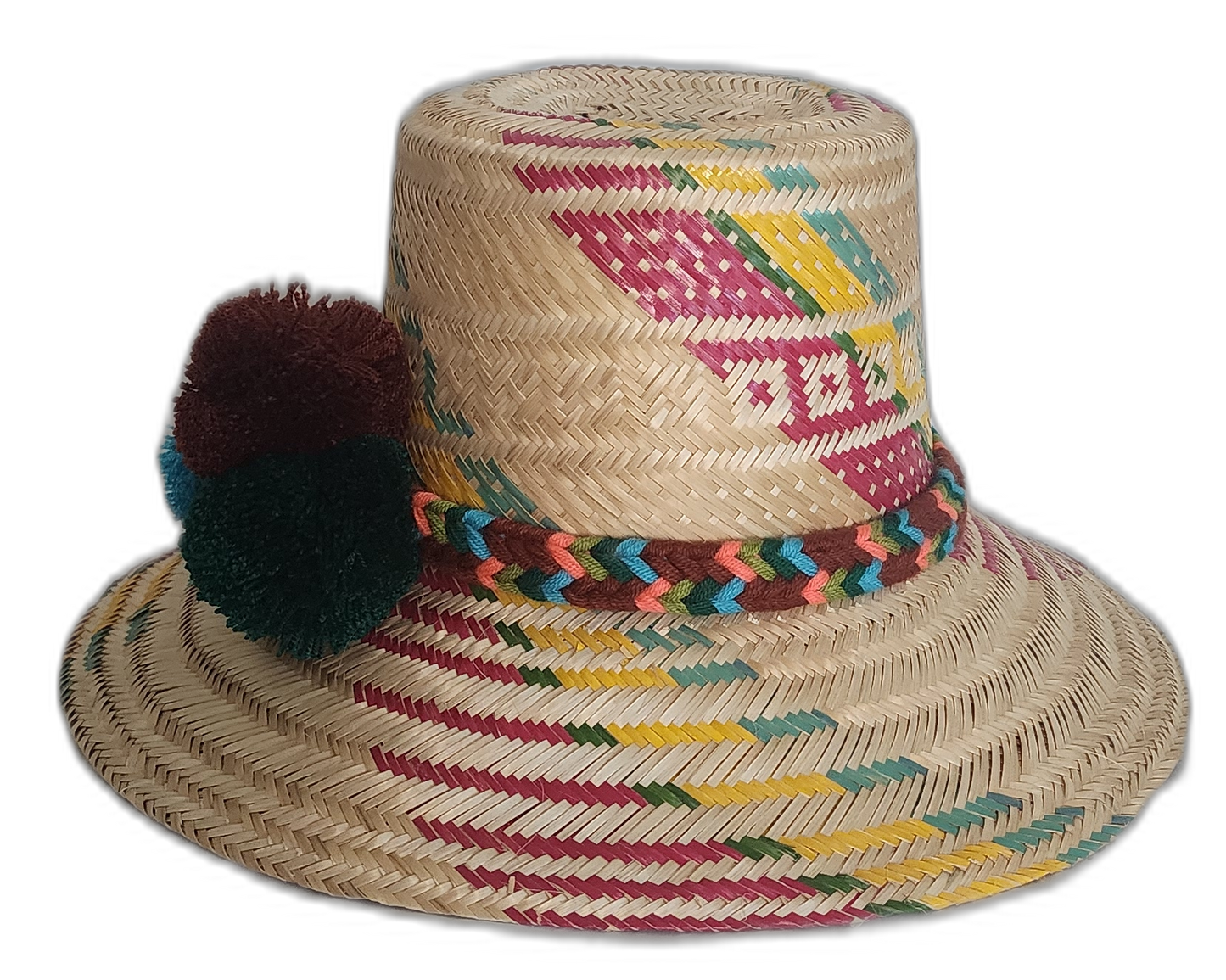 Boho chick straw hat with natural palm weave, colorful detailing, and bold pompom embellishments.