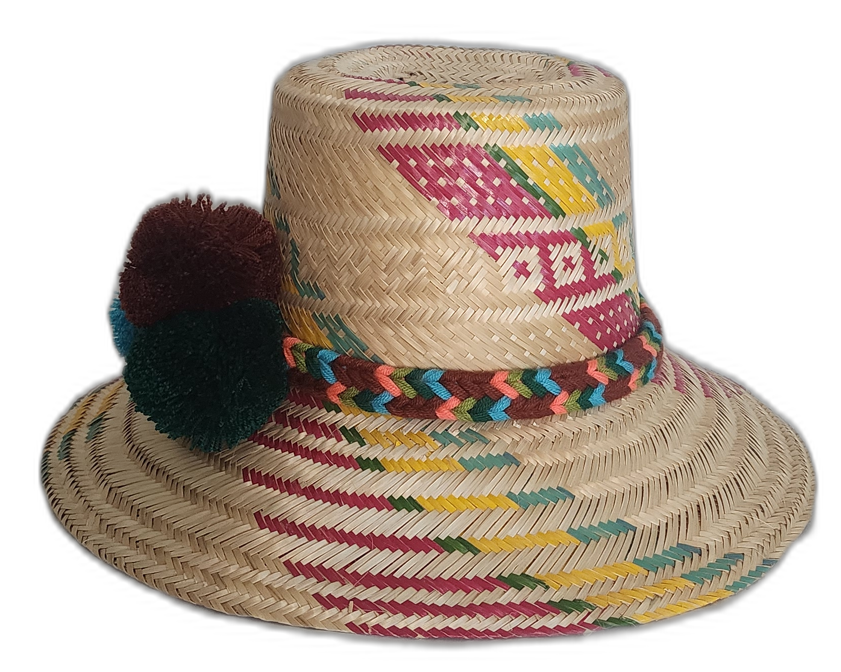 Boho chick straw hat with natural palm weave, colorful detailing, and bold pompom embellishments.