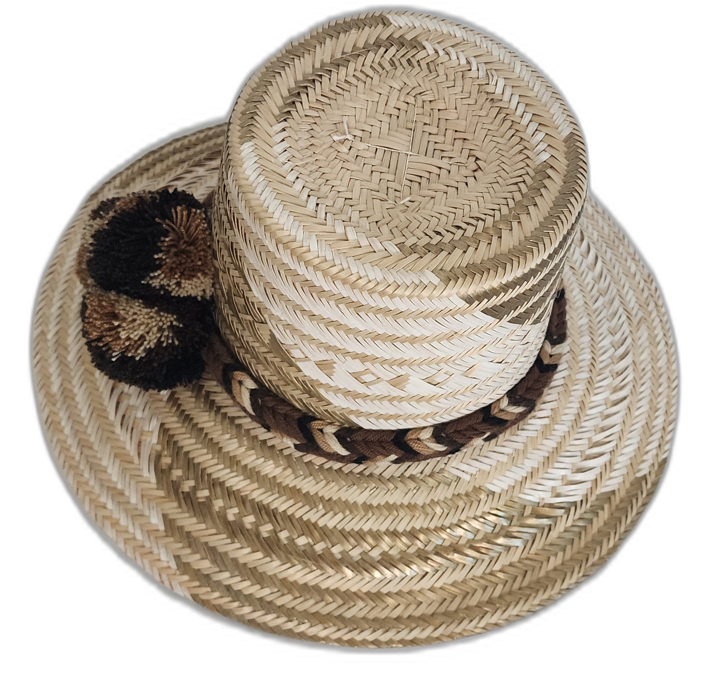 Unique colorful Boho Hat with braided band and traditional pompoms