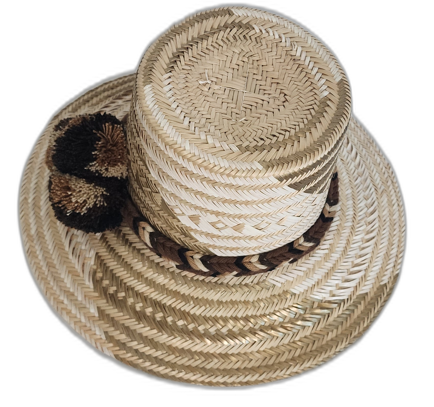 Unique colorful Boho Hat with braided band and traditional pompoms