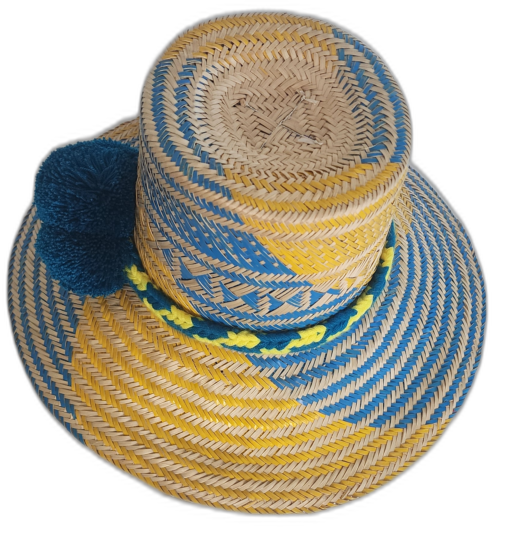 Boho Chick Wayuu Hat with bright tones, deep blue pompoms, and braided band