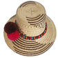 Boho chick hat featuring vibrant orange, pink, and chocolate pompom accents