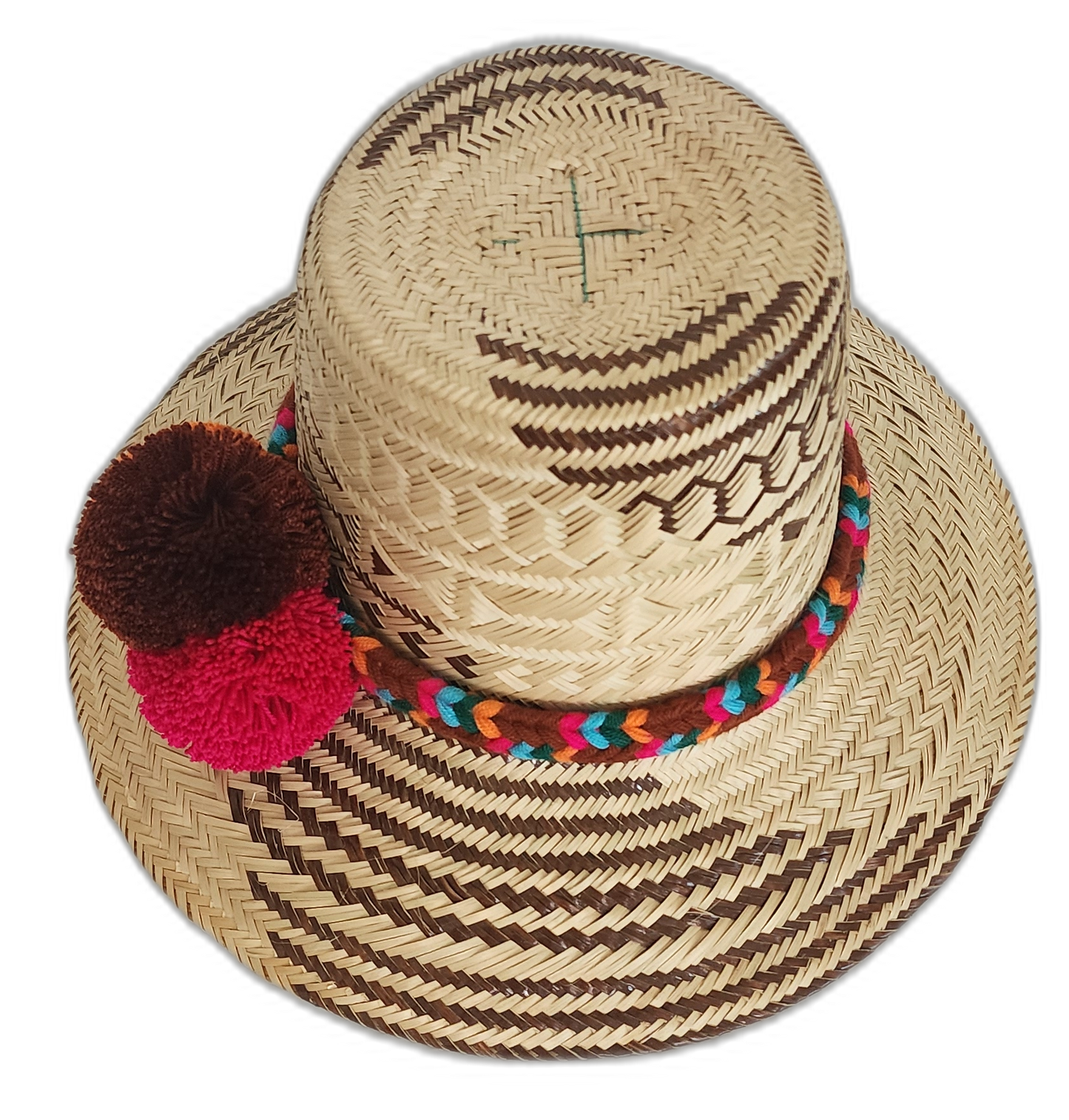 Boho chick hat featuring vibrant orange, pink, and chocolate pompom accents