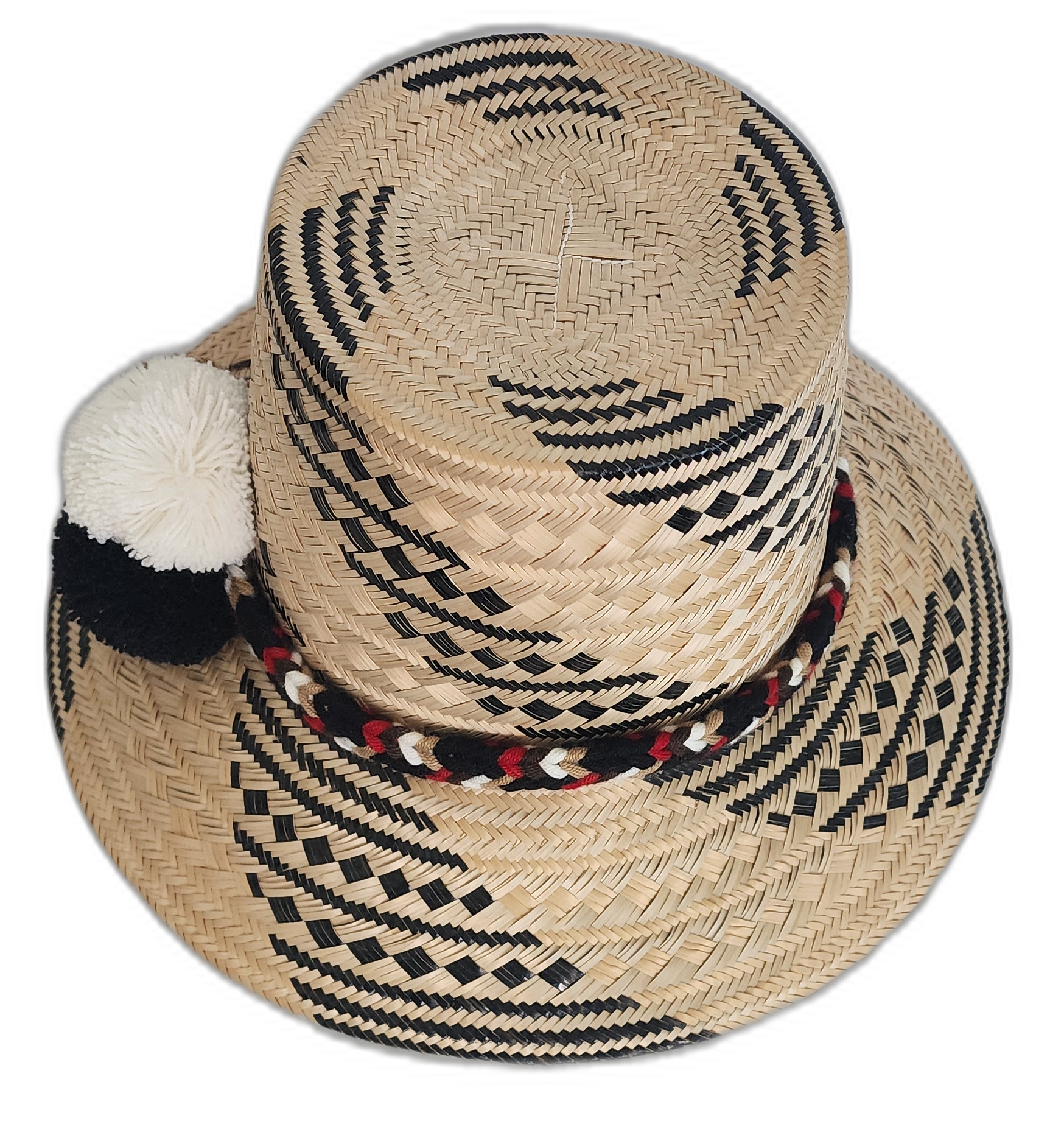 Artisan Wayuu hat featuring red-accented band and three-tone pompoms